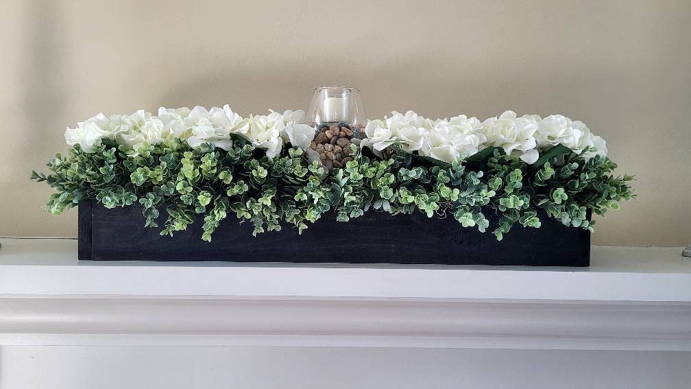 Hydrangea Wood Box Centerpiece For Dining Table Centerpiece For Dining Table Flower Arrangement Mantel Centerpiece Flowers Hydrangea Flower