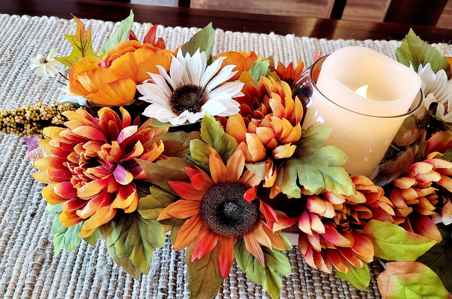 Dough Bowl Fall Flower arrangement sunflower decoration fall mum Decor Flameless candle fall arrangement fall Table Decor Gift New Home