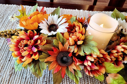 Dough Bowl Fall Flower arrangement sunflower decoration fall mum Decor Flameless candle fall arrangement fall Table Decor Gift New Home