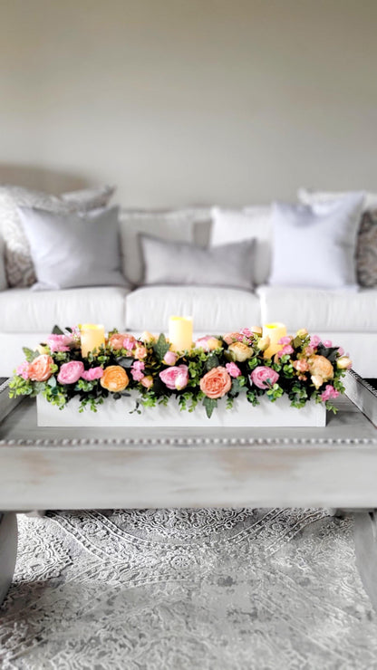 Dining Room Arrangement Peony Silk Flower Coral Flowers Peach Flower Arrangement Spring Table Decor Wood Box Table Centerpiece With Candles
