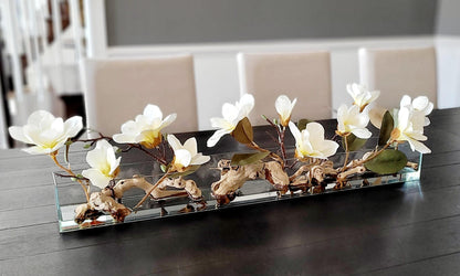Glass Vase Centerpiece – Elegant Silk Magnolia Arrangement for Dining Table & Mantle