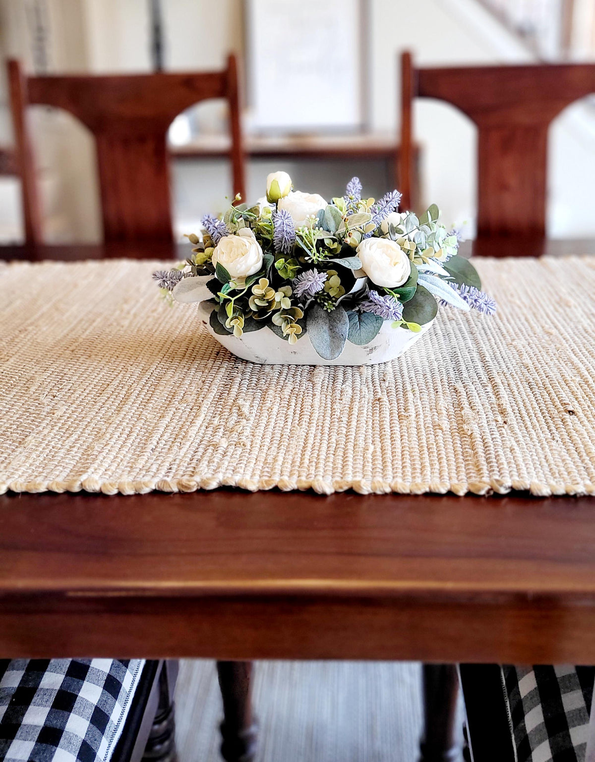 Lavender Dough Bowl Centerpiece – Rustic Farmhouse Spring Table Arrangement