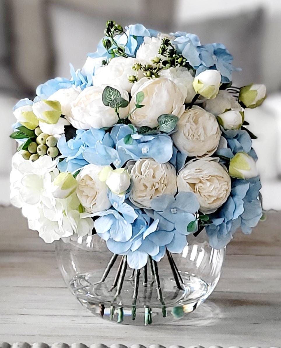 Silk Flower Centerpiece – Blue White Hydrangea Peony Glass Vase