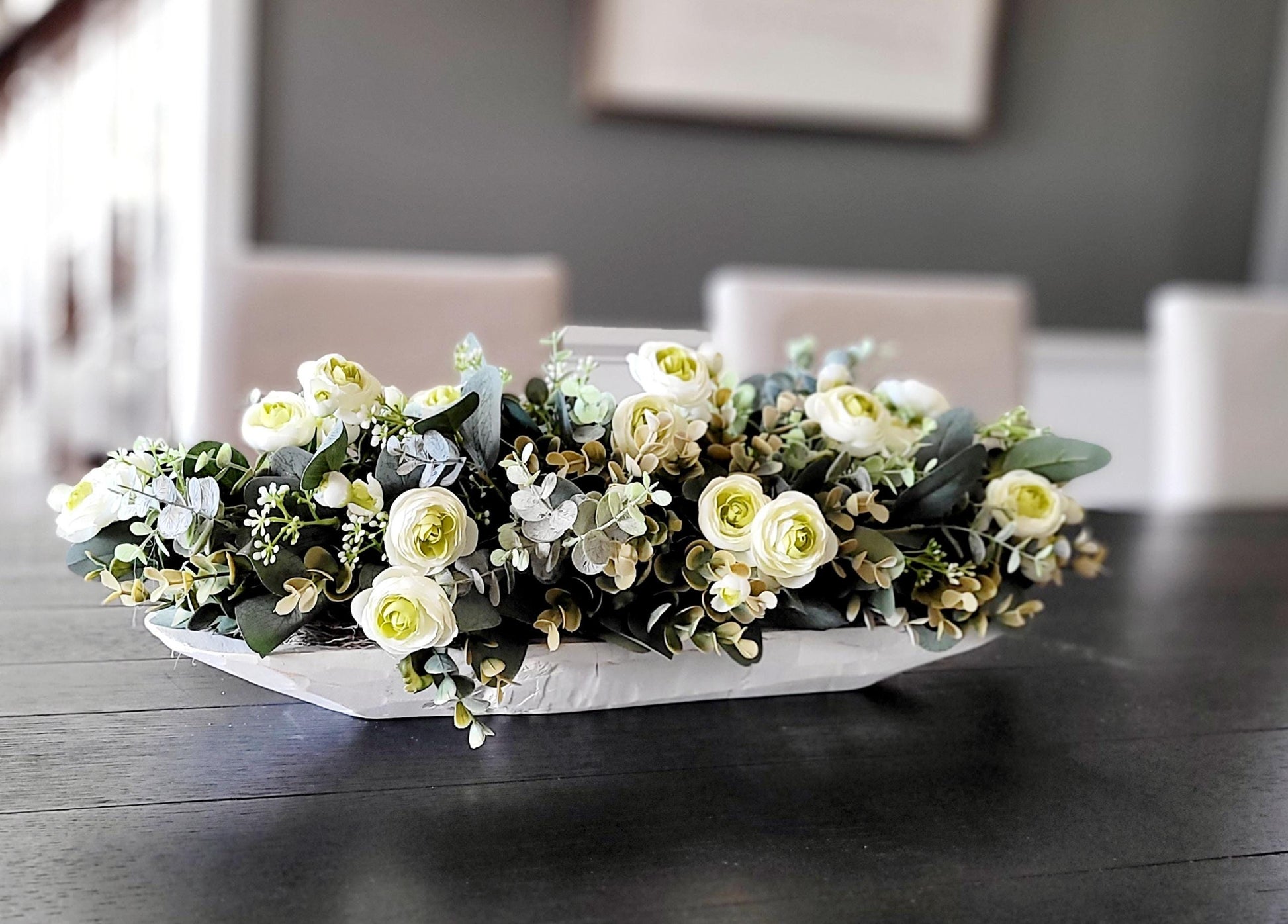 Artificial Floral Arrangement Faux Rose Collection Eucalyptus Greenery Display Wooden Dough Bowl Centerpiece Rustic Farmhouse Decoration Dining Table Accent Country Style Design Beautiful Home Styling Traditional Decor Element Realistic
