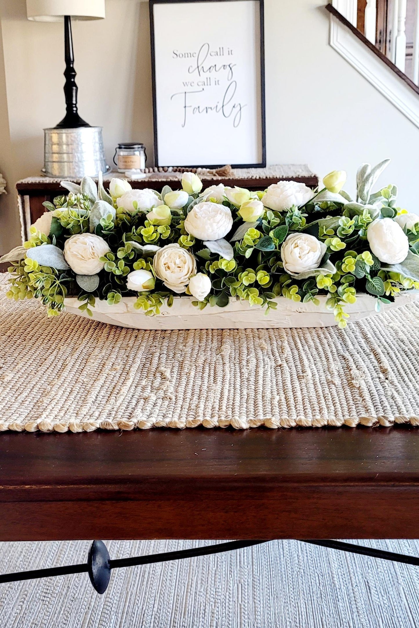White Floral Centerpiece Farmhouse Style Arrangement Dough Bowl Display Artificial Peonies Roses Eucalyptus Silk Flowers Custom Color Container Shabby Chic Aesthetic Rustic Country Home Decor Dining Table Decoration Entryway Accent