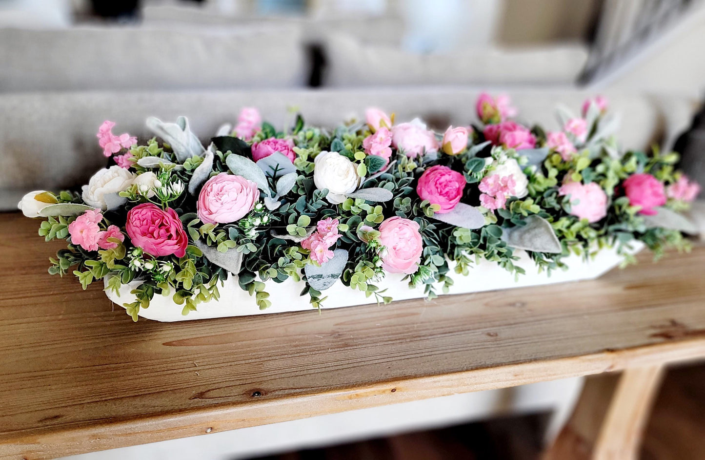 pink white decor pink wedding floral arrangement peony dough bowl dining room table arrangement Pink flower decorations spring decor mantle