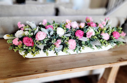 pink white decor pink wedding floral arrangement peony dough bowl dining room table arrangement Pink flower decorations spring decor mantle