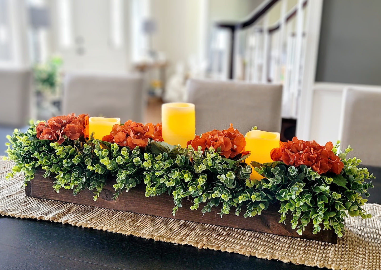 Fall Table Decoration Fall Centerpiece Fall Faux Flower Arrangement Farmhouse Mantle Fall Decor Burgundy Hydrangea Long Wood Box Autumn Deco