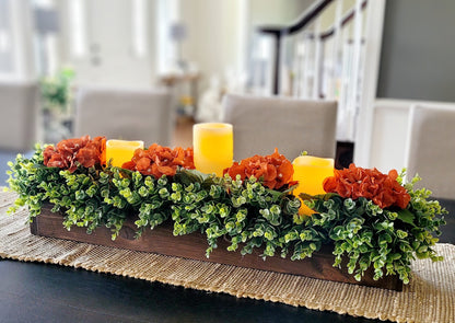 Fall Table Decoration Fall Centerpiece Fall Faux Flower Arrangement Farmhouse Mantle Fall Decor Burgundy Hydrangea Long Wood Box Autumn Deco