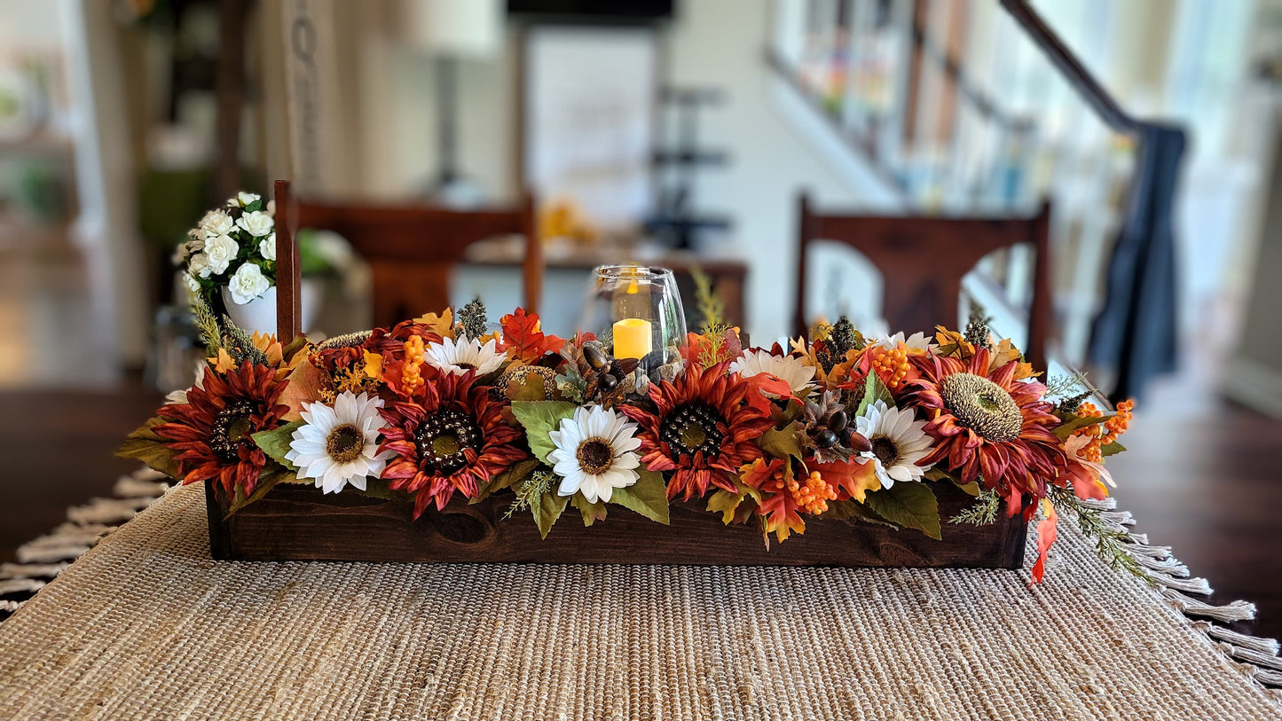 Fall farmhouse dining table arrangement Sunflower table centerpiece Rustic long box floral arrangement mantle fall decor candle centerpiece