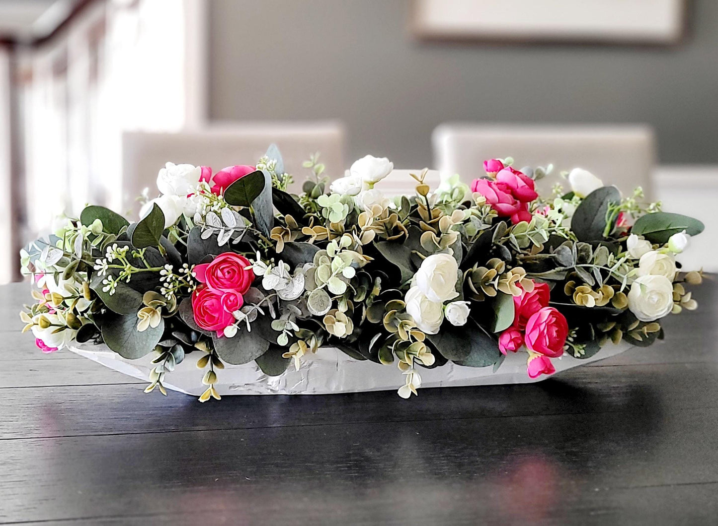 Dough Bowl Dining Table Arrangement Rose arrangement kitchen table decor Farmhouse Arrangement greenery arrangement Pink Floral Arrangement