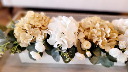 Artificial Flower Centerpiece – Silk Hydrangea Rose Arrangement in Wooden Box