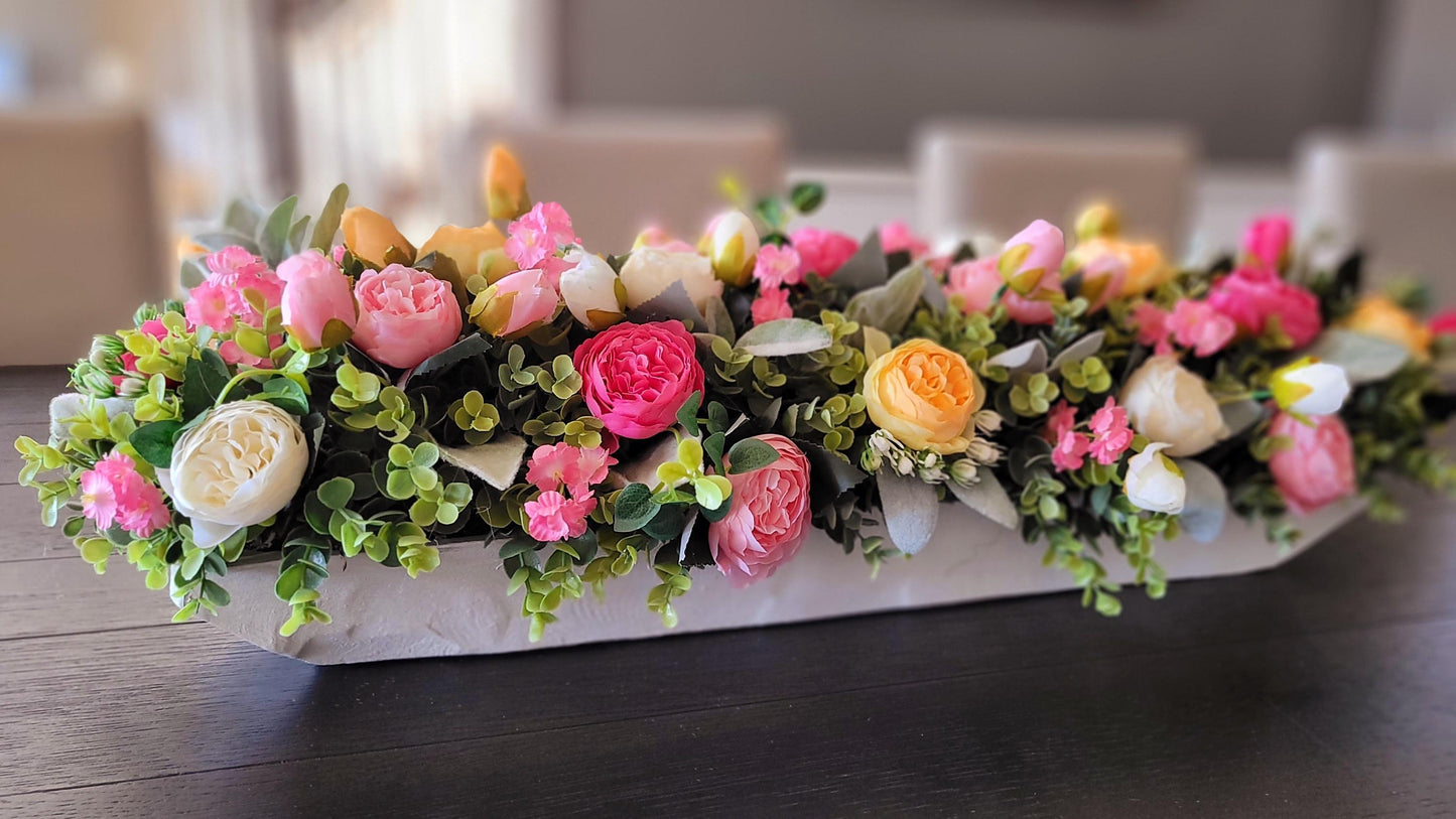 Floral Dough Bowl Farmhouse Centerpiece Design Silk Peony Collection Rustic Wood Container Elegant Home Accent Spring Summer Arrangement Artificial Flower Display Perfect Mantle Decor Dining Table Centerpiece Custom Color Bowl Handcrafted