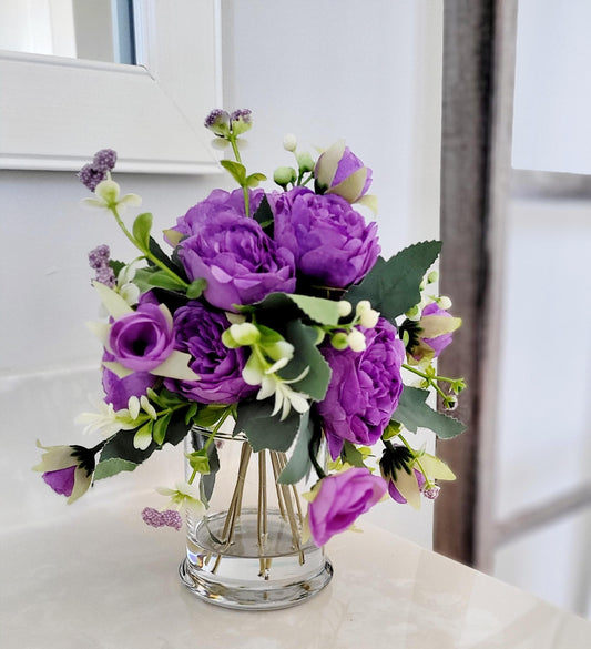Mothers Day Gift Mom Gift Sister Gift Friend Housewarming Floral Gift Peony Floral Arrangement Glass vase Modern Arrangement Silk Rose