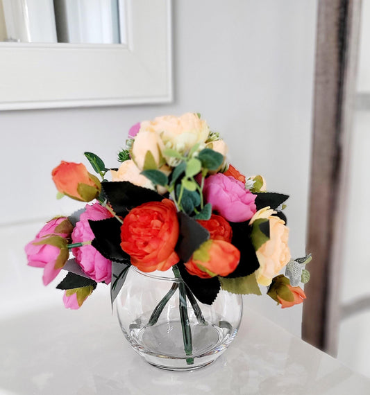 Silk Peony Arrangement Perfect Gift Mom Nana Glass Vase Spring Centerpiece Realistic Faux Flowers Colorful Display Home Styling Bathroom Table Accent Maintenance Free Artificial Greenery Quality Resin Water Effect Elegant Dining Room