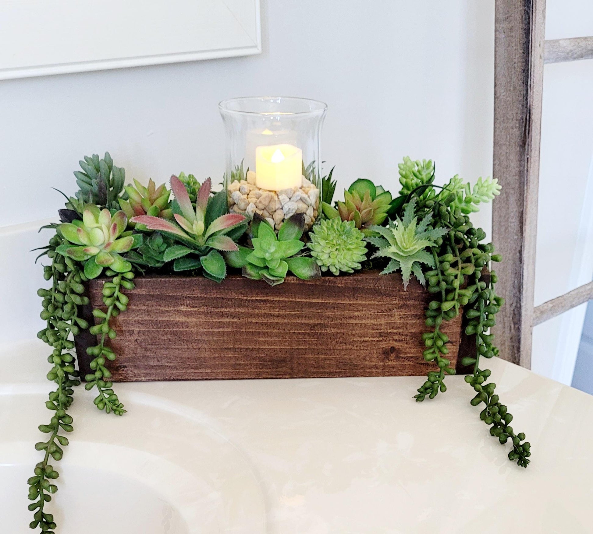 Artificial Succulent Arrangement Custom Wooden Box Container Flameless Candle Centerpiece Perfect Housewarming Gift Modern Farmhouse Decor Maintenance Free Plants Realistic Looking Greenery Rustic Table Decoration Year Round Display Piece