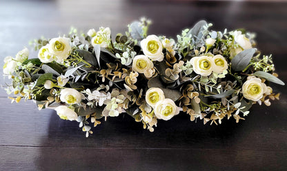 Farmhouse Centerpiece – Dough Bowl with Faux Ranunculus and Eucalyptus Rustic Dining Table Decor