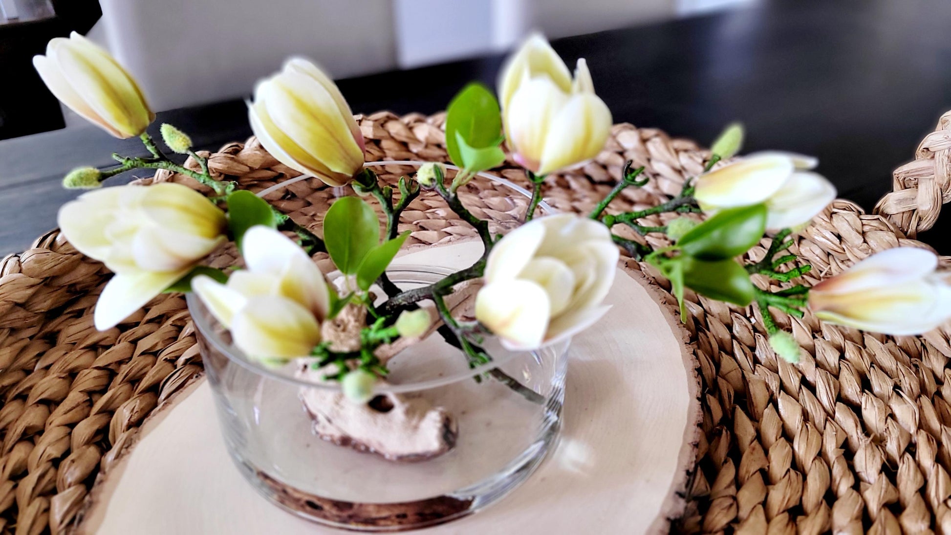 Maintenance Free Orchid Centerpiece Artificial Silk Flower Arrangement Glass Vase Display Elegant Dining Table Styling Realistic Faux Orchid Collection Modern Driftwood Accent Contemporary Home Display Perfect Living Room Focal Point Office