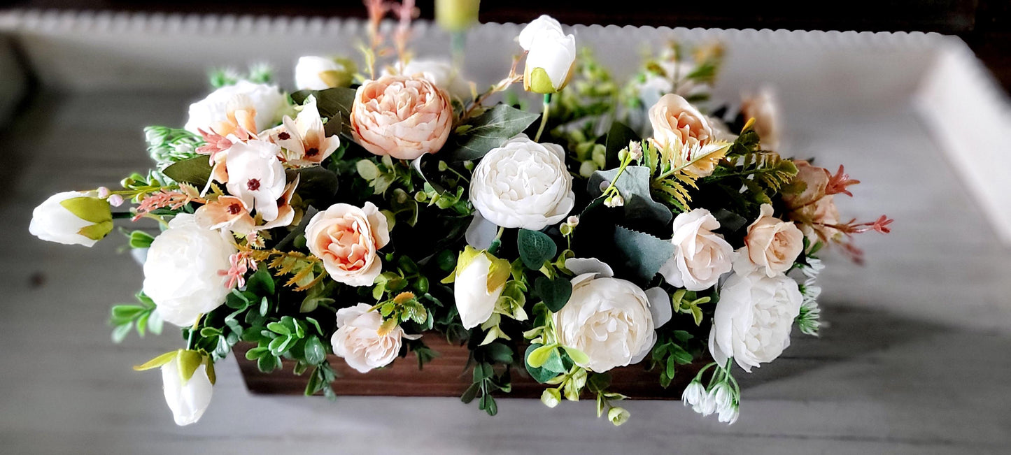 Rustic Table Centerpiece – Farmhouse Wood Box with Silk Flowers and Greenery