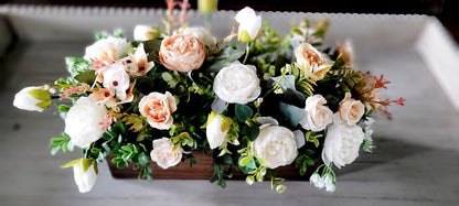 Rustic Table Centerpiece – Farmhouse Wood Box with Silk Flowers and Greenery