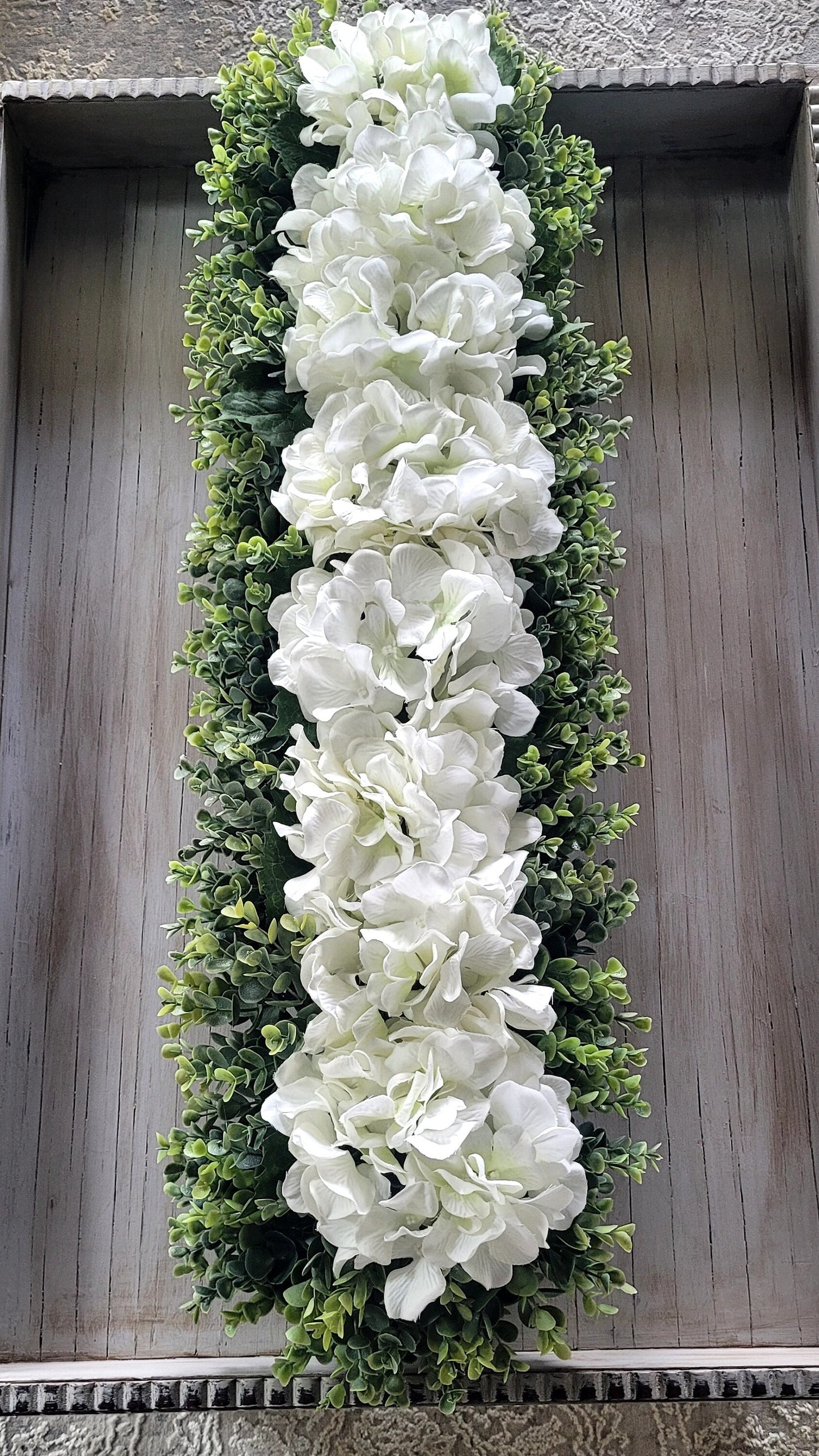 Handmade Floral Arrangement Hydrangea Centerpiece Wooden Planter Box Farmhouse Style Accent Neutral Color Scheme White Cream Mint Flowers Greenery Details Rustic Home Decor Twenty Five Inch Long Display Versatile Table Decoration Mantle