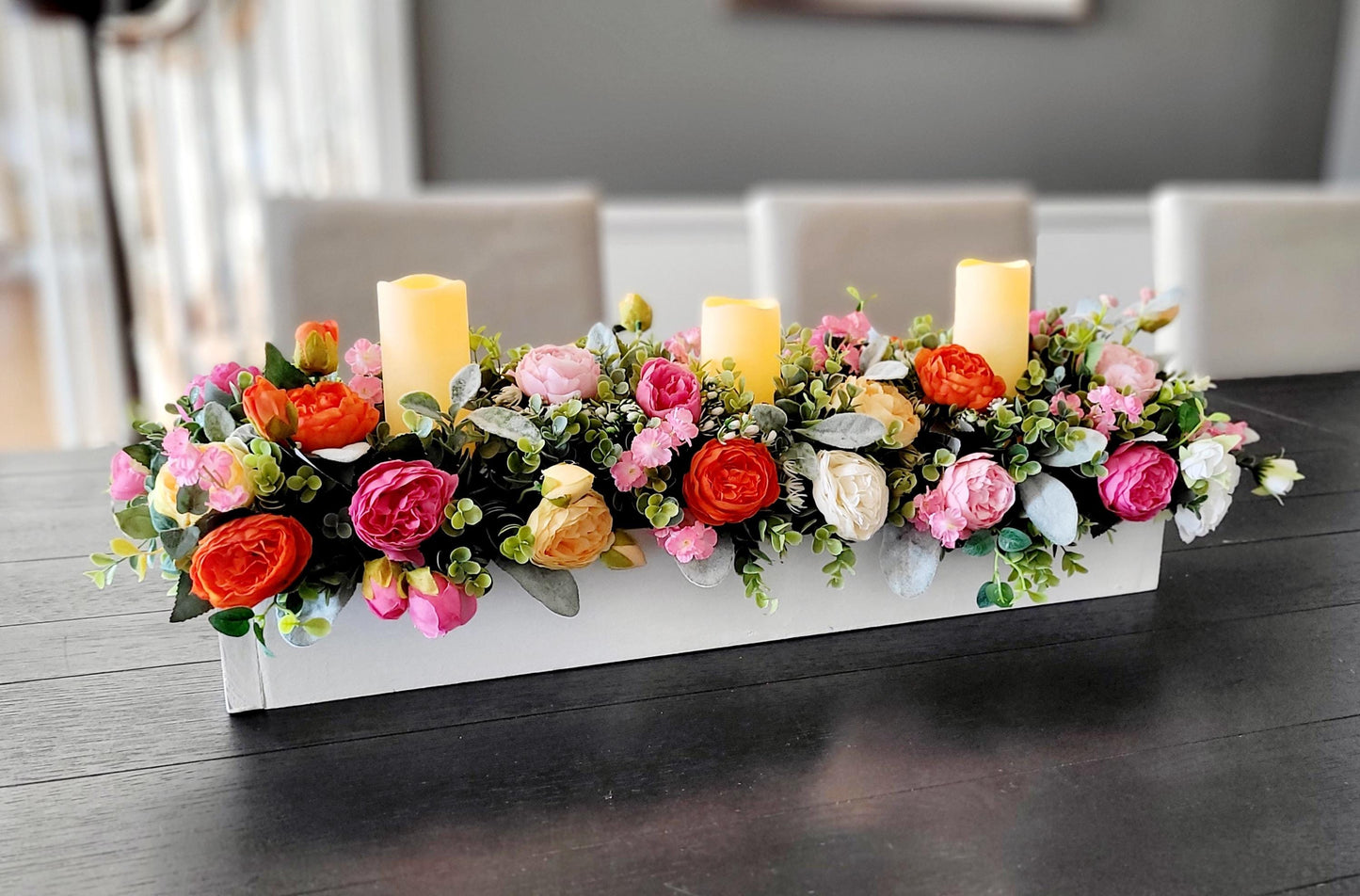 Easter Table Decoration Artificial Peony Centerpiece Spring Season Display Wood Box Container Battery Candles Included Dining Table Setting Holiday Ready Decor Faux Flower Arrangement Seasonal Home Accent Beautiful Spring Colors Realistic