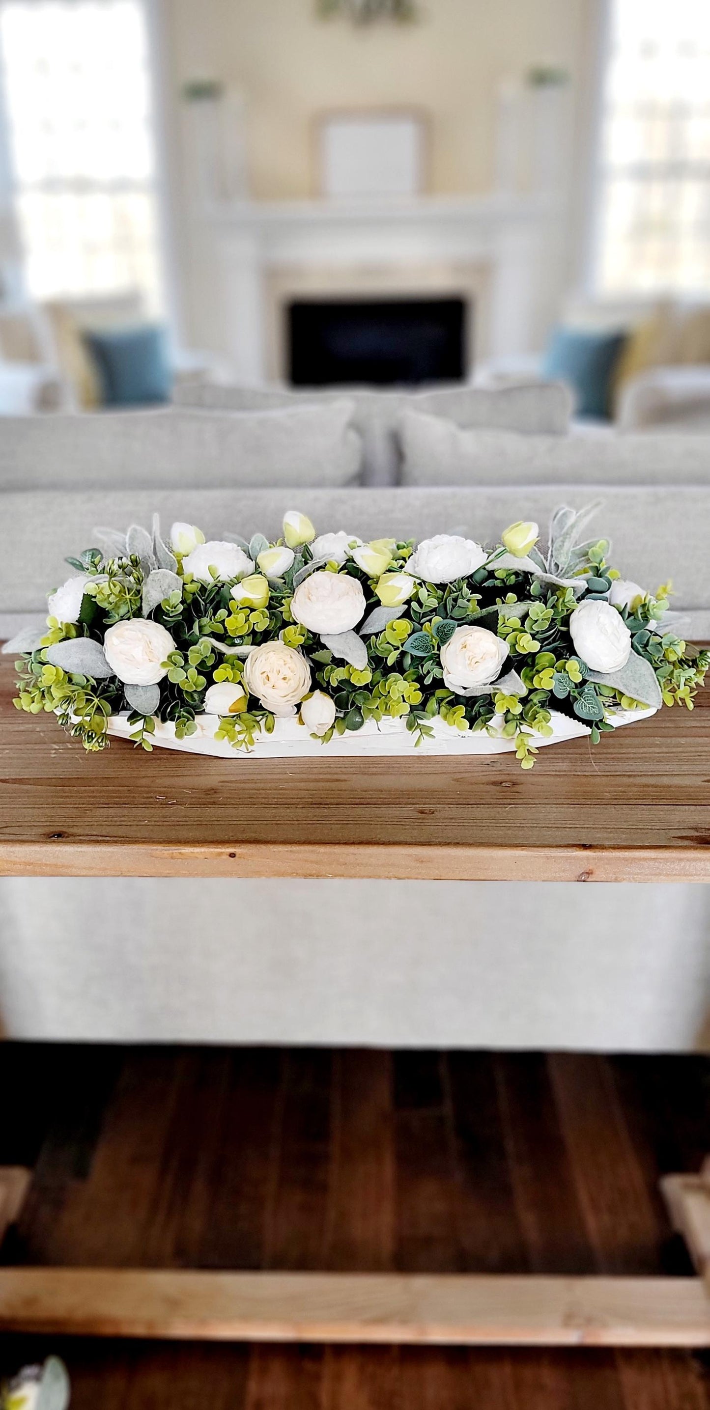 White Floral Centerpiece – Farmhouse Shabby Chic Dining Table Arrangement