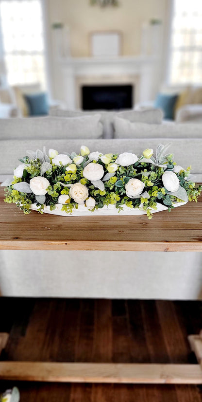 White Floral Centerpiece – Farmhouse Shabby Chic Dining Table Arrangement