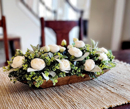 Dough Bowl Farmhouse Arrangement Dining Table Peony Arrangement Hand-Carved Dough Bowl Table Arrangement Dough Bowl Centerpiece Peony Flower