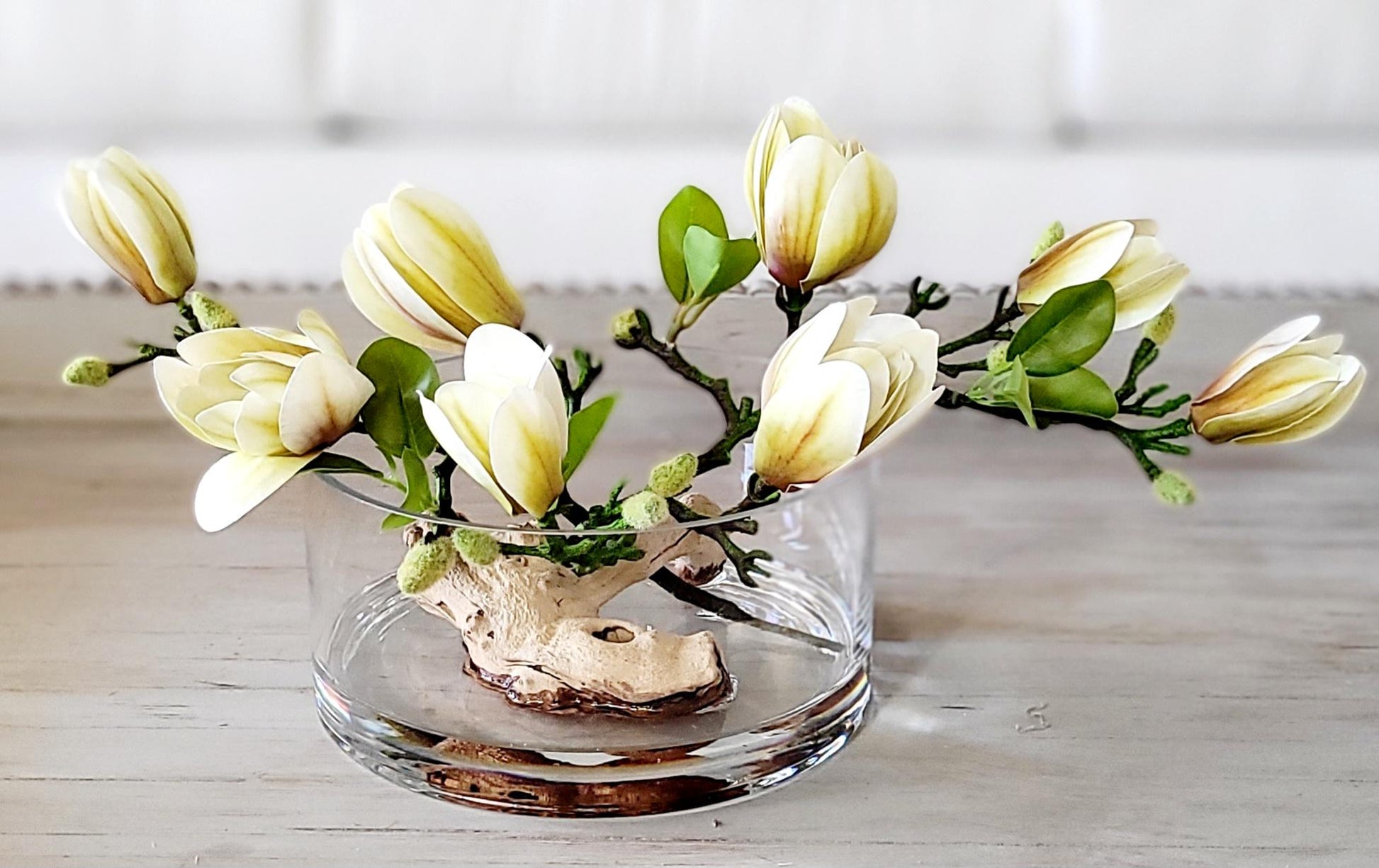 Glass Vase Orchid Display Artificial Silk Flower Centerpiece Modern Dining Table Arrangement Elegant Faux Orchid Collection Realistic Driftwood Accent Maintenance Free Home Styling Contemporary Centerpiece Display Perfect Living Room Focal