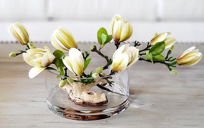 Glass Vase Orchid Display Artificial Silk Flower Centerpiece Modern Dining Table Arrangement Elegant Faux Orchid Collection Realistic Driftwood Accent Maintenance Free Home Styling Contemporary Centerpiece Display Perfect Living Room Focal