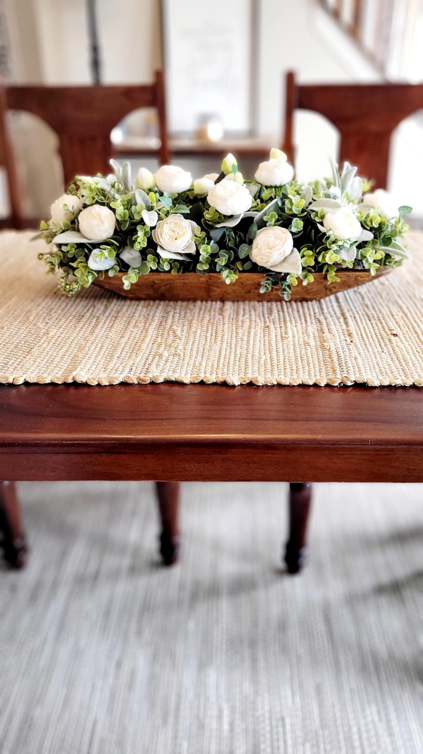 Dough Bowl Farmhouse Arrangement Dining Table Peony Arrangement Hand-Carved Dough Bowl Table Arrangement Dough Bowl Centerpiece Peony Flower