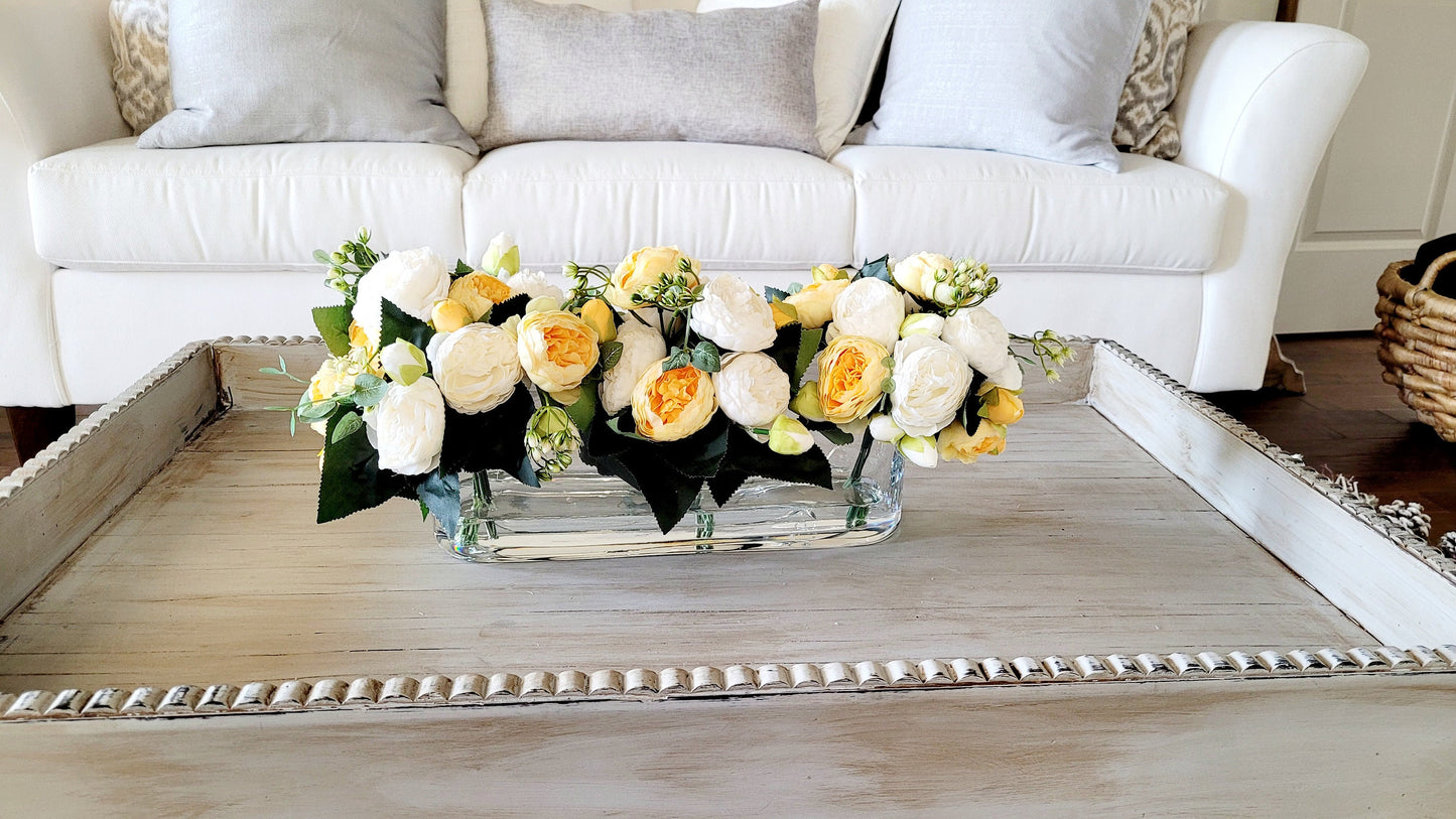 Modern glass vase floral arrangement dining table peony arrangement yellow flower arrangement long glass elegant arrangement gift for her