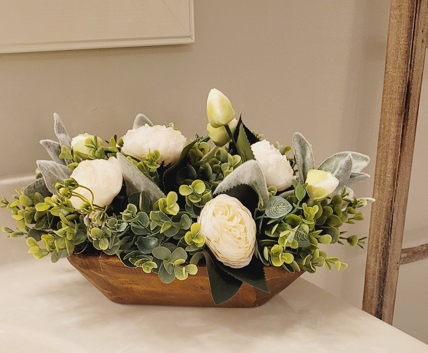 Wedding Table Centerpiece – Rustic Peony Floral Arrangement in Dough Bowl
