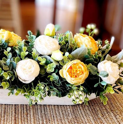Whitewash Dough Bowl Centerpiece Versatile Home Decor Silk Peony Arrangement Farmhouse Table Display Kitchen Counter Accent Living Room Decoration Coffee Table Centerpiece Mantle Styling Bedroom Dresser Decor Bathroom Counter Arrangement