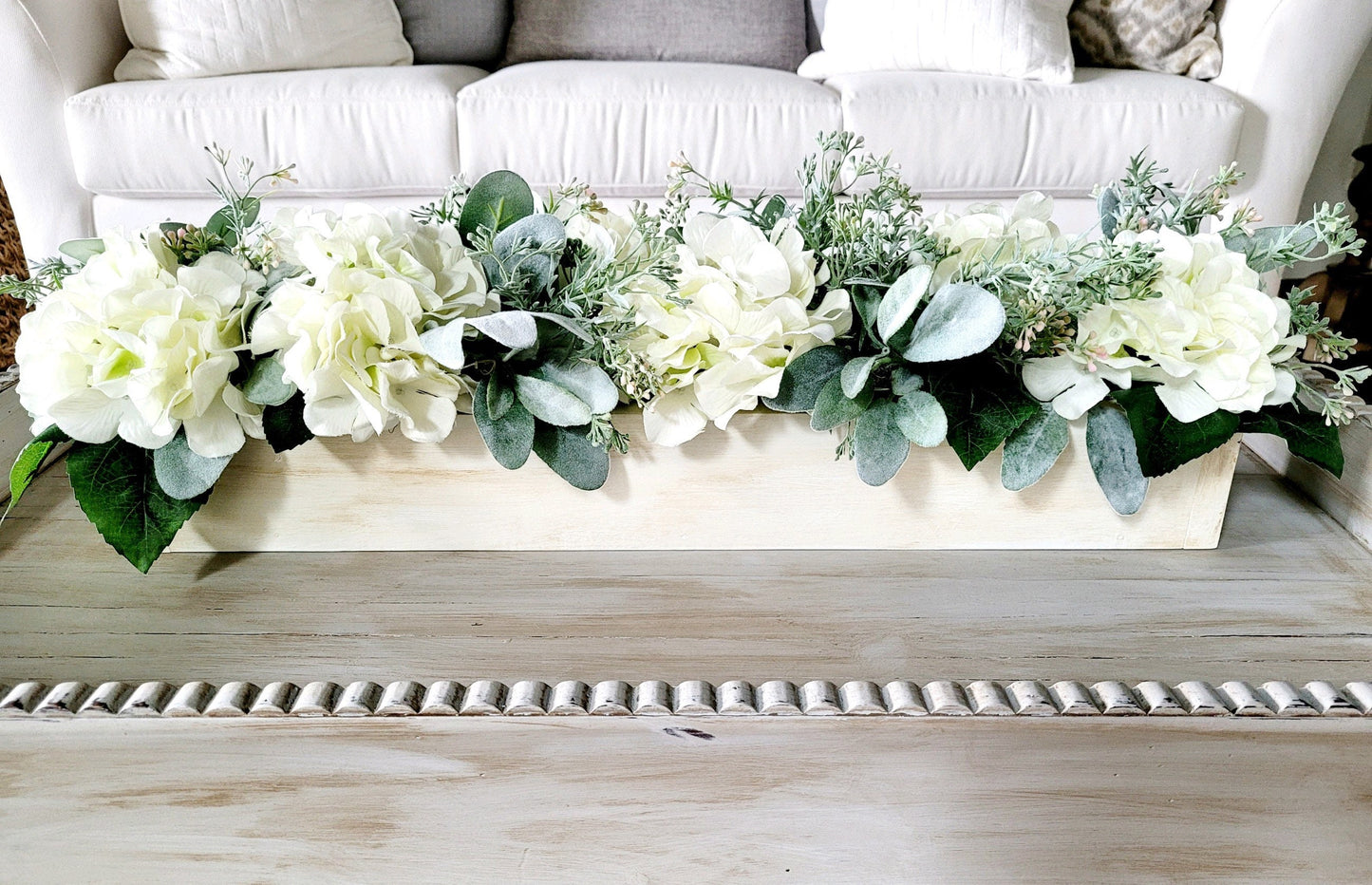 Hydrangea Centerpiece Box – Long Wooden Farmhouse Table Arrangement