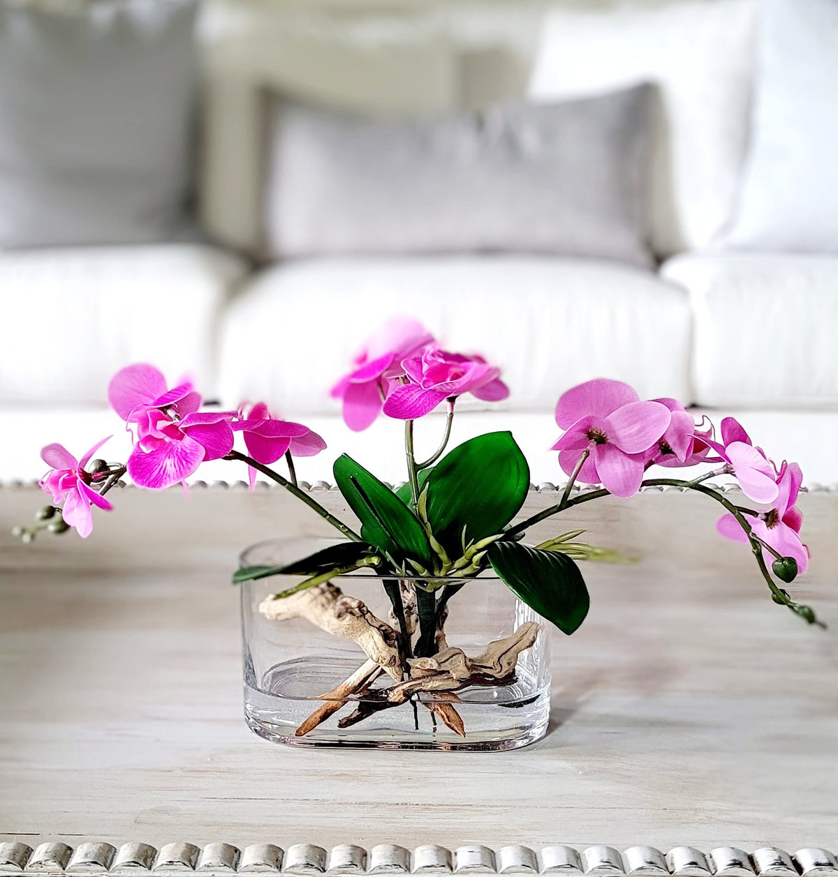 Artificial Orchid Centerpiece Hot Pink Silk Flower Arrangement Modern Glass Vase Dining Table Display Luxury Home Styling Realistic Faux Water Driftwood Design Elegant French Country Touch Maintenance Free Permanent Floral Collection