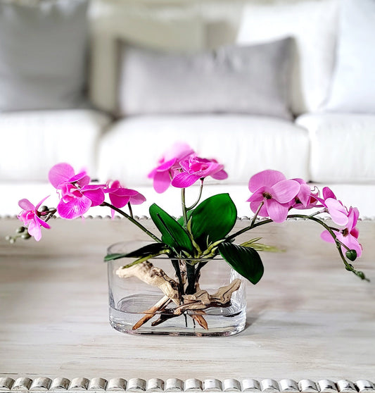 Artificial Orchid Centerpiece Hot Pink Silk Flower Arrangement Modern Glass Vase Dining Table Display Luxury Home Styling Realistic Faux Water Driftwood Design Elegant French Country Touch Maintenance Free Permanent Floral Collection
