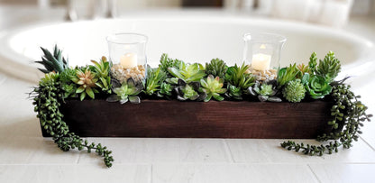 Farmhouse style long 25” Spring table arrangement in wood planter box Spring succulents in wood box mantle box Succulents arrangement