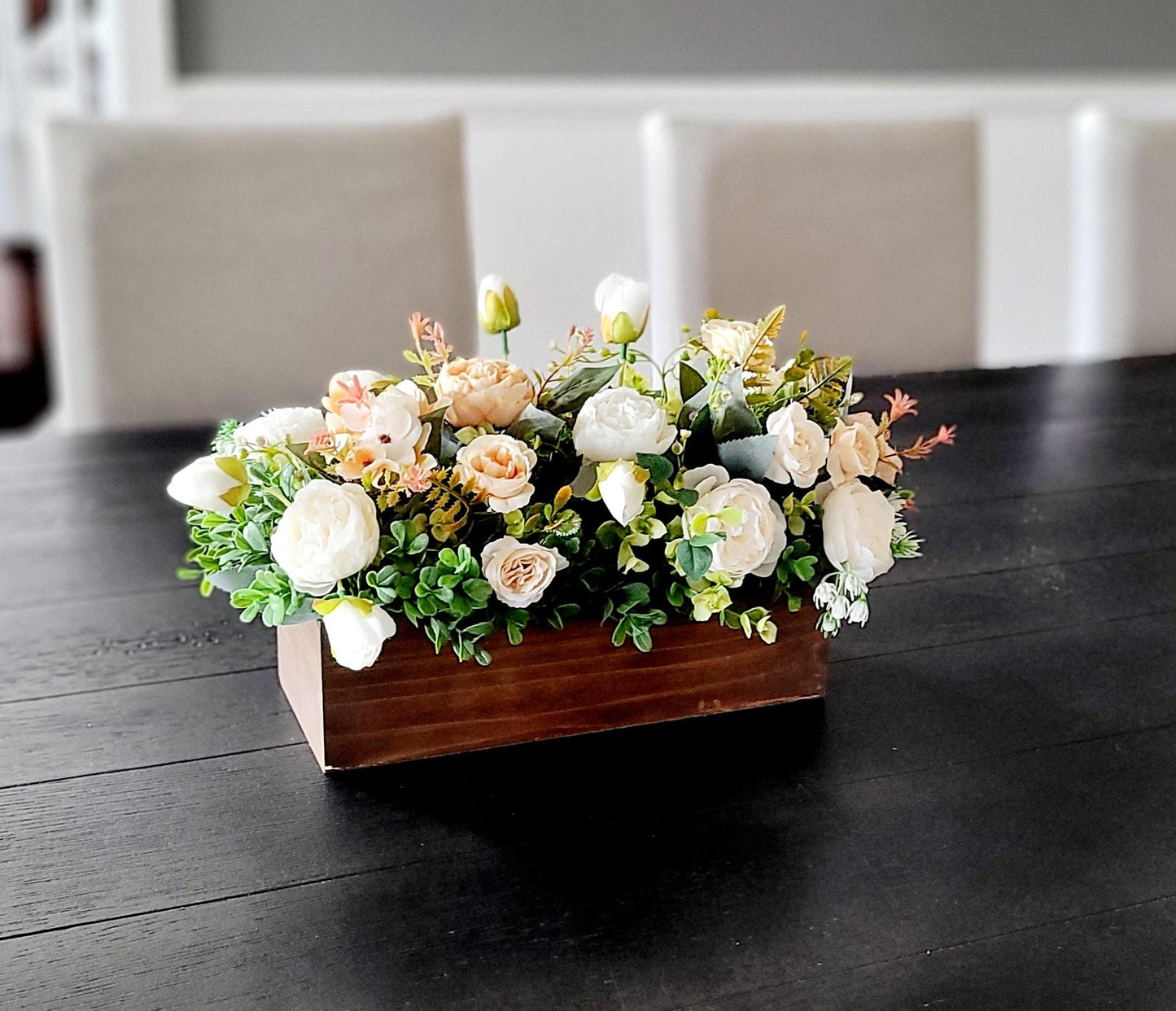 Custom Wood Box Centerpiece Rustic Table Decoration Artificial Flower Arrangement Farmhouse Style Design Dining Room Accent Faux Floral Collection Mini Roses Greenery Eucalyptus Traditional Home Decor Elegant Table Setting Beautiful