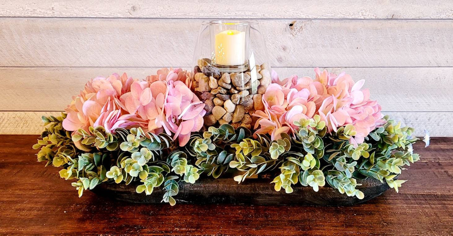 Rustic Wood Floral Centerpiece Hydrangea Farmhouse Dough Bowl Pink Hydrangea Farmhouse Arrangement Candle Centerpiece Dough Bowl Decor