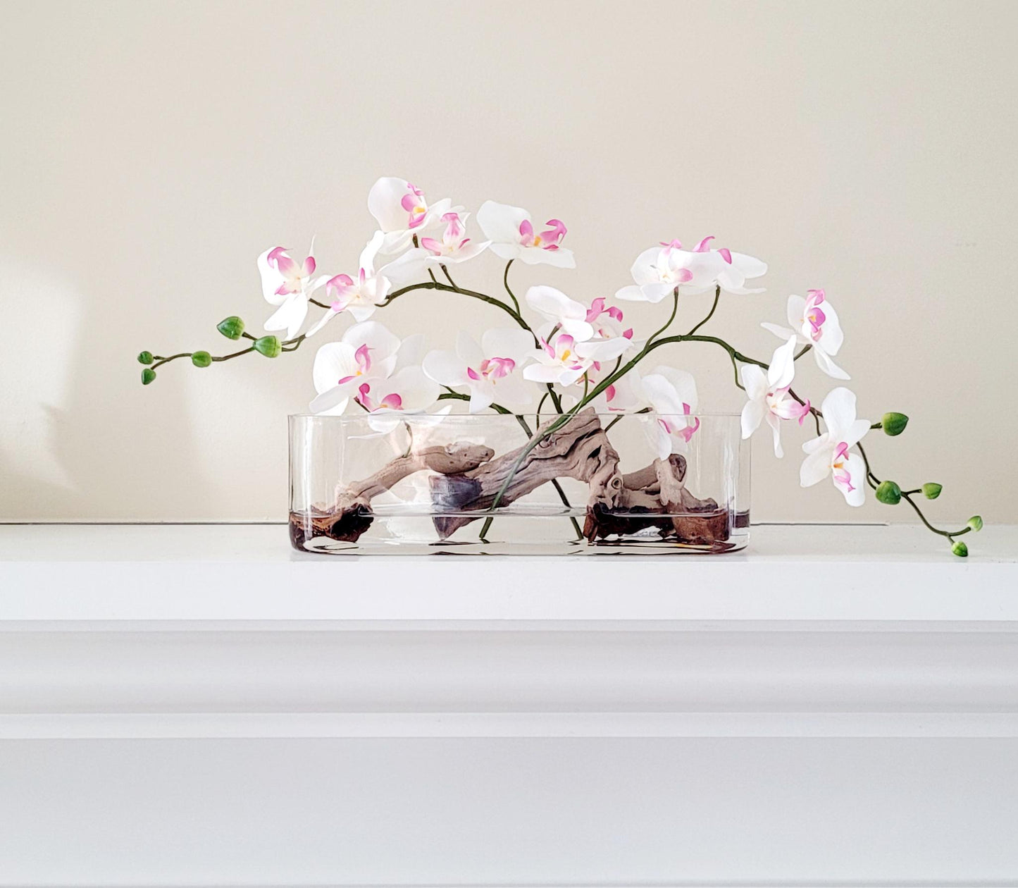 Realistic Silk Orchid Arrangement Glass Vase Centerpiece Pink Faux Flowers Modern Home Display Artificial Orchid Design Maintenance Free Silk Blooms Pink White Color Elegant Table Centerpiece Contemporary Living Room Styling Mantle