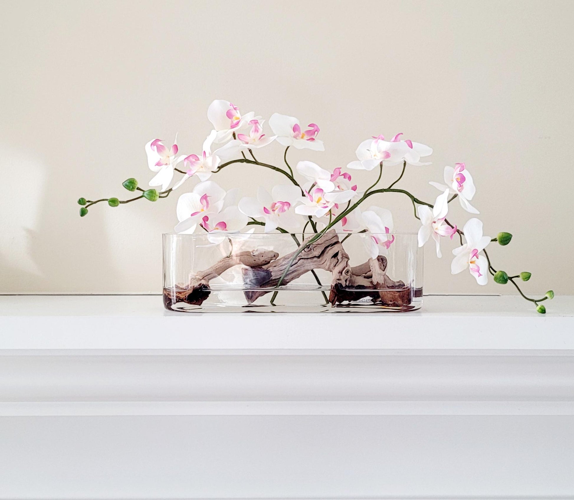 Realistic Silk Orchid Arrangement Glass Vase Centerpiece Pink Faux Flowers Modern Home Display Artificial Orchid Design Maintenance Free Silk Blooms Pink White Color Elegant Table Centerpiece Contemporary Living Room Styling Mantle