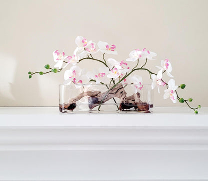 Realistic Silk Orchid Arrangement Glass Vase Centerpiece Pink Faux Flowers Modern Home Display Artificial Orchid Design Maintenance Free Silk Blooms Pink White Color Elegant Table Centerpiece Contemporary Living Room Styling Mantle