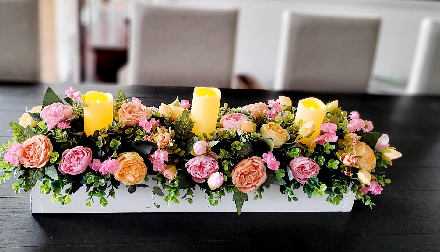 Spring Table Centerpiece – Artificial Peony Arrangement with Battery Candles in Wood Box