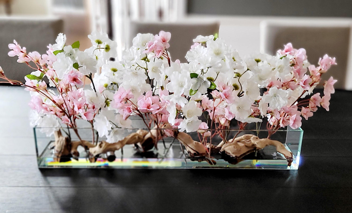 Farmhouse Table Centerpiece – Artificial Cherry Blossom Arrangement in Modern Glass Vase