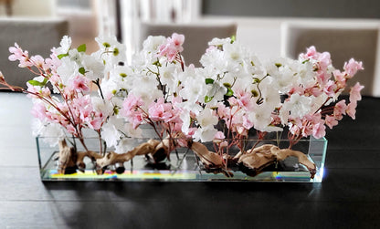 Farmhouse Table Centerpiece – Artificial Cherry Blossom Arrangement in Modern Glass Vase