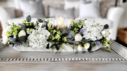Spring Centerpiece Dough Bowl – Faux Peony Hydrangea Lavender Easter Table Decoration