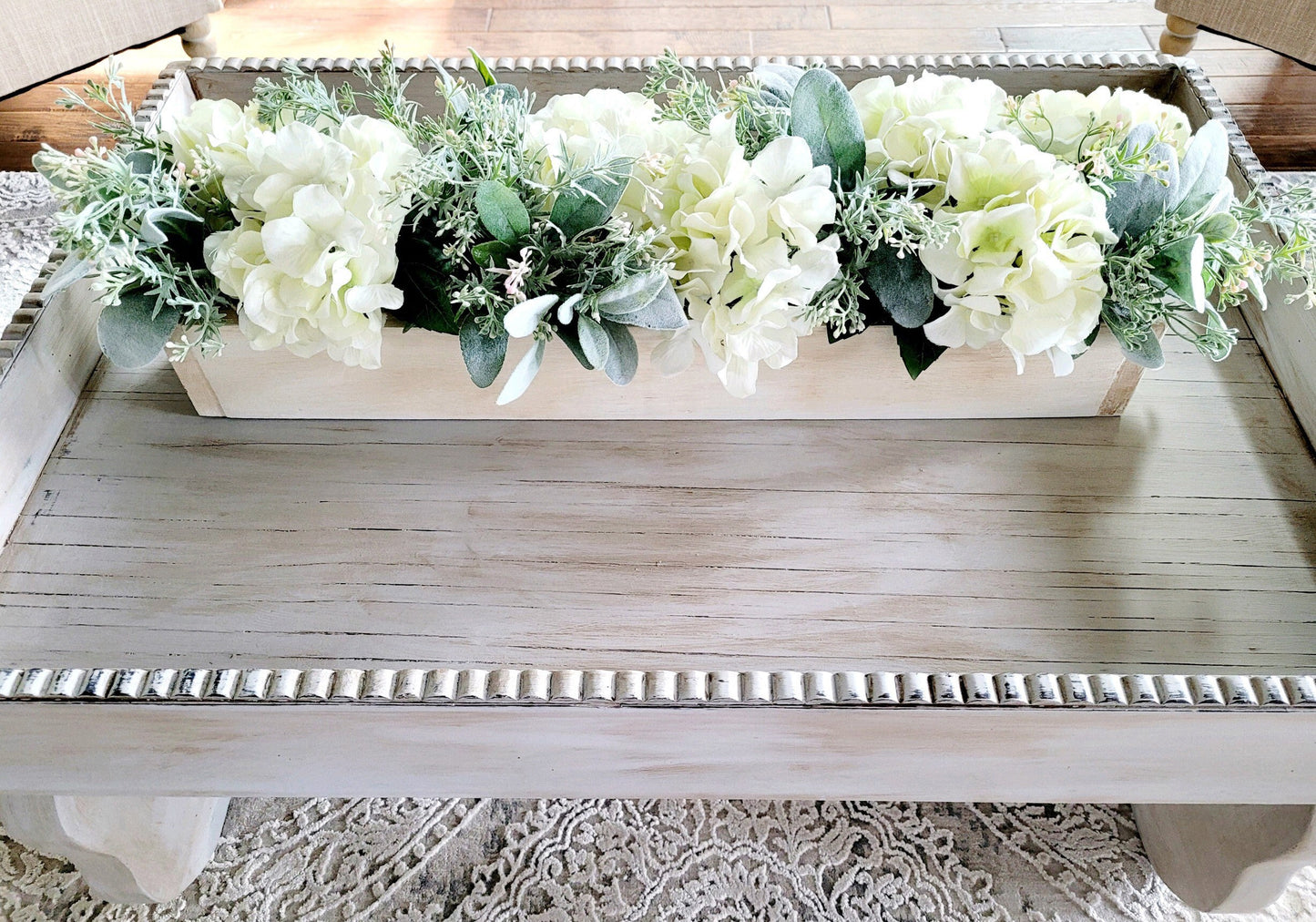 Spring Floral Arrangement Dining Table Long Box Centerpiece Hydrangea Flower Table Arrangement Wood Box Mantel Arrangement White Hydrangeas