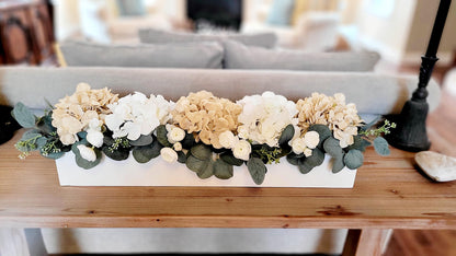Silk Hydrangea Arrangement Custom Wooden Box Artificial Rose Display Home Decor Centerpiece Elegant Dining Table Decoration Realistic Faux Flowers Eucalyptus Greenery Living Room Accent Mantle Decor Piece Farmhouse Style Design Year Round